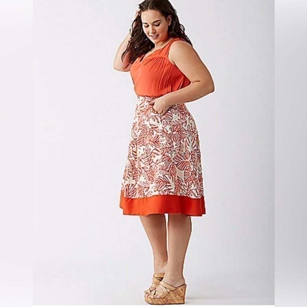 PLUS size Lane Bryant Red & White Pleated Flare Floral Skirt Linen - Picture 3 of 16